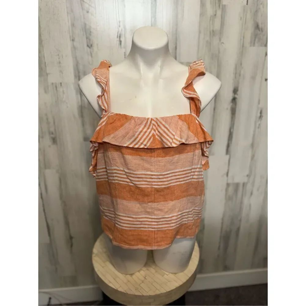 New York & Company Ruffle Strap Tank Top XL Orange Stripe Sleeveless Summer Blou